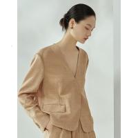 [2件2折价:153]MECITY女装夏季新款单扣设计气质时尚简约麻感V领西装外套女