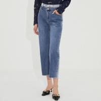 [2件2折价:61]棉混纺MECITY女装新款双层排扣毛边裤脚直筒宽松牛仔长裤女