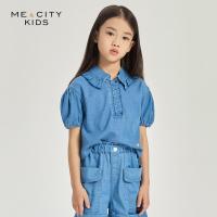 [1件5折价:89.5]米喜迪mecity童装夏季新款女童复古荷叶边翻领软牛仔短袖衬衫