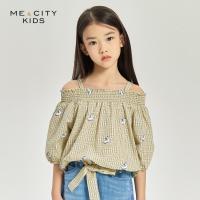 [99元3件]米喜迪mecity童装夏新款女童格纹抹肩可拆卸吊带两穿短袖衬衫