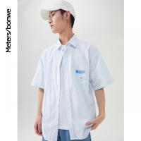 [1件5折价:90]美特斯邦威薄款条纹衬衫男2021夏季新款纯棉潮流港风蓝色男士衬衫