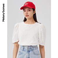 [1件5折价:79.5]美特斯邦威短袖衬衫女新款夏季简约镂空心机气质泡泡袖上衣女