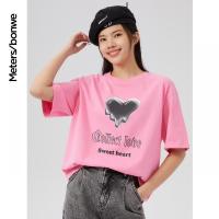 [1件5折价:65]美特斯邦威短袖T恤女纯棉宽松2021夏季新款甜美印花粉色少女体恤