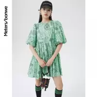 [2件2折价:62]美特斯邦威腰果花连衣裙女新款夏季百搭收腰泡泡袖洋气中裙女