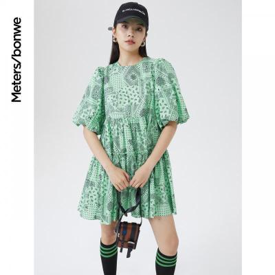 [2件2折价:62]美特斯邦威腰果花连衣裙女新款夏季百搭收腰泡泡袖洋气中裙女
