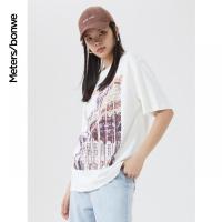 美特斯邦威短袖T恤女纯棉2021新款夏季时尚烫钻印花圆领女士上衣