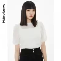 [1件3折价:39]美特斯邦威短袖恤夏季新款时尚洋气泡泡袖气质甜美蕾丝上衣女
