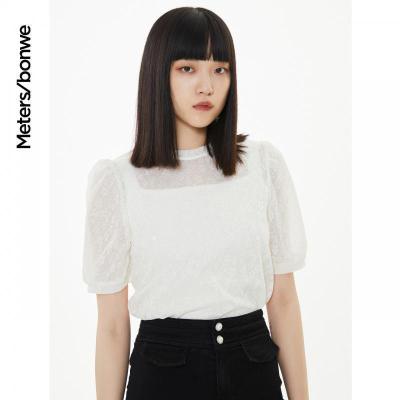 [1件3折价:39]美特斯邦威短袖恤夏季新款时尚洋气泡泡袖气质甜美蕾丝上衣女