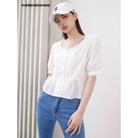 [2件2折价:49]美特斯邦威时尚复古大翻领收腰短衬衫夏季新款休闲舒适上衣