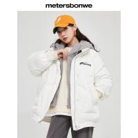 [好货直降:489]美特斯邦威女假两件拼接珊瑚绒夹克白色印花上衣甜美羽绒服732575