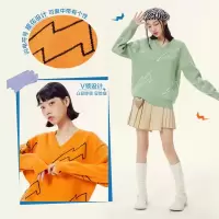 [1件3折价:99]美特斯邦威女士秋冬宽松毛衣V领时尚刺绣宽松甜美毛针织衫