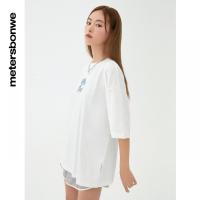 [1件5折价:99.5]美特斯邦威白色短袖T恤女夏季时髦舒适宽松小熊印花体恤