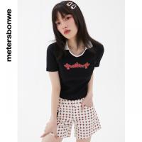 [1件5折价:85]美特斯邦威纯棉polo衫女百搭夏季修身字母印花V领上衣女