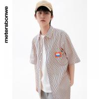 [1件5折价:89.5]美特斯邦威纯棉条纹短袖衬衫男百搭夏季潮流撞色宽松上衣