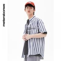 [1件3折价:99]美特斯邦威印花短袖衬衫夏季时尚宽松条纹白色印花上衣男