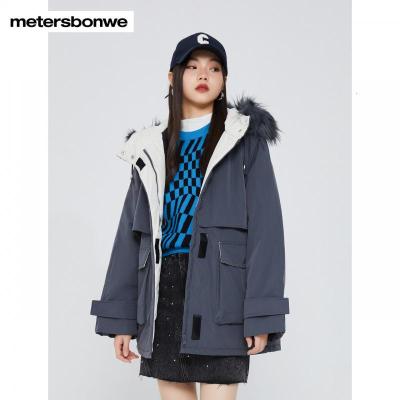 [1件5折价:179.5]美特斯邦威棉服女潮流冬季新款舒适保暖工装连帽派克棉服