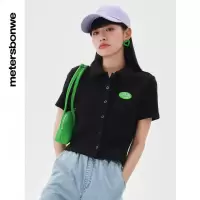 [1件5折价:85]美特斯邦威短袖衬衫夏季印花翻领纯棉时尚设计感百搭上衣女