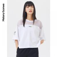 [1件5折价:57.5]美特斯邦威网棉拼接短袖T恤女夏季新款女针织时尚舒适短袖T恤