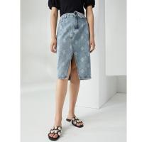 [2件2折价:55]ME&CITY女腰头翻折满版拔色牛仔直筒半裙