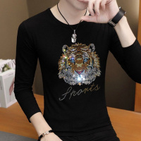 2018春秋新款男士老虎头烫钻长袖T恤圆领修身薄款打底衫上衣男装
