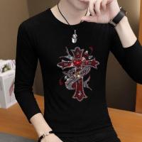 2018春秋新款男士十字架烫钻长袖T恤圆领修身薄款打底衫上衣男装