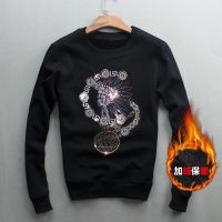 秋冬大码烫钻卫衣男士圆领宽松加绒套头卫衣单层长袖T恤男装上衣