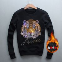 秋冬潮流虎头烫钻卫衣男士宽松加绒套头卫衣长袖T恤男装上衣外套