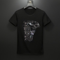 夏季烫钻短袖T恤男莫代尔冰丝棉修身潮男欧洲站社会小伙短袖镶钻