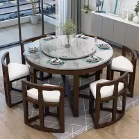 实木餐桌大理石圆形餐桌椅组合家用饭桌简约现代小户型隐形餐桌