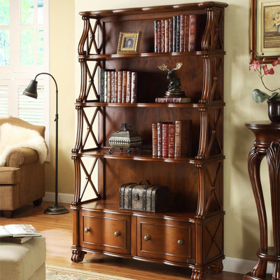 美式书柜书架 实木 简易书房书橱置物架 欧式展示柜 美式带抽书柜