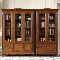美式书柜书架柜子胡桃木实木两三书橱带欧式落地带玻璃