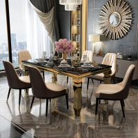 轻奢餐桌大理石 后现代简约小户型客厅长方形不锈钢桌椅子组合6人