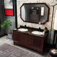 新中式浴室柜橡木智能镜柜卫生间黑胡桃卫浴双台盆洗漱台柜1.6米