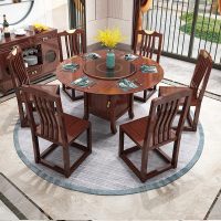 新中式实木餐桌椅组合圆形大桌子6人8人家用经济型饭桌带转盘储物