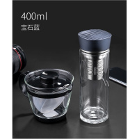 膳魔師(THERMOS)双层高硼硅直身玻璃杯304不锈钢滤网水杯TCGB-400套装 深蓝BL套装