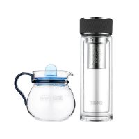 膳魔師(THERMOS)双层玻璃杯茶杯泡茶杯家用茶水分离杯水杯男 灰色套装