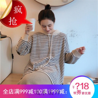 2018秋冬新款羊绒连帽卫衣女套头宽松大码条纹毛衣针织打底衫韩版
