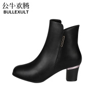 公牛欢腾秋款矮靴红靴2019春秋季新款小短靴女真皮马丁靴冬鞋粗跟靴子女