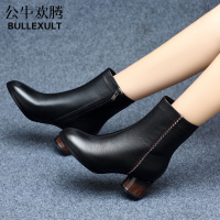 公牛欢腾短靴女皮鞋粗跟2019冬季新款中跟加绒鞋子女冬棉鞋中筒马丁靴