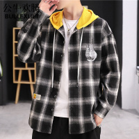 公牛欢腾2021青少年格子衬衫男韩版潮流帅气长袖衬衣初中高中学生春季连帽外套