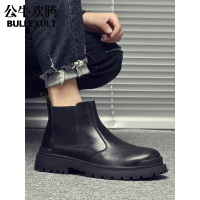 公牛欢腾2021马丁靴男高帮英伦风男靴真皮一脚蹬短靴秋季潮男靴子黑色切尔西靴