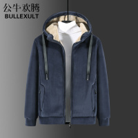 公牛欢腾2021冬季中老年羊羔绒连帽卫衣男加绒加厚开衫运动服套装爸爸冬装外套
