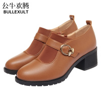 公牛欢腾2021妈妈鞋子真皮舒适软底女中跟秋季中年中老年女士深口单鞋粗跟