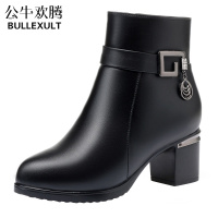 公牛欢腾2021秋冬季短靴女中跟真皮女靴粗跟加绒女鞋羊毛妈妈棉鞋中年大码皮鞋