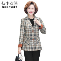 公牛欢腾2021中年妈妈秋装外套薄款小西装女上衣中老年女装春秋款洋气格子西服