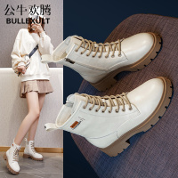 公牛欢腾2021真皮马丁靴女ins网红潮秋冬新款韩版内增高靴子短筒靴女百搭