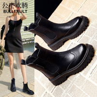 公牛欢腾2021真皮马丁靴女烟筒靴秋冬新款韩版厚底网红靴子短筒靴套筒百搭