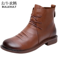 公牛欢腾2021秋季新款英伦风马丁靴真皮平底短靴防滑软底女鞋舒适短筒单靴