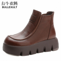 公牛欢腾2021真皮马丁靴女英伦风厚底短靴春秋单靴增高瘦瘦靴松糕坡跟烟筒靴女