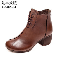 公牛欢腾2021年新款复古手工真皮短靴女春秋单靴粗跟马丁靴中跟加绒棉靴女